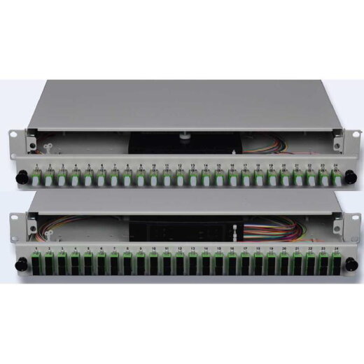 DNBL Spleissbox 19" 1HE ausz. RAL7035 12xSCD/PC-Kupp, 24x-Pigtails OS2 5122212121