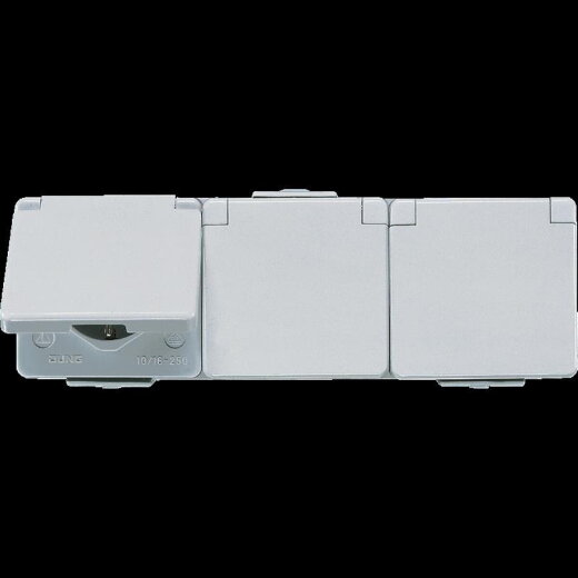Jung SCHUKO®-Dreifach-Steckdose, 16 A 250 V ~, Klappdeckel, waagerecht, IP 44, WG 600 623W