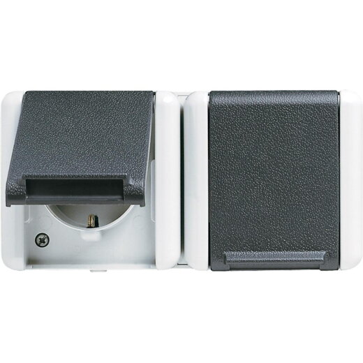 Jung SCHUKO®-Zweifach-Steckdose, 5 Leitungseinführungen, 2 Einzelabdeckungen, 16 A 250 V ~, Klappdeckel, waagerecht, IP 44, WG 800 8220WTS