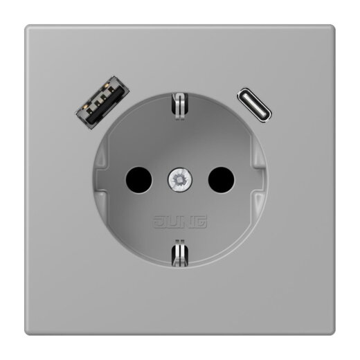 Jung SCHUKO Steckdose 16 A 250 V ~, mit USB-Ladegerät 1 x Typ A + 1 x Typ C, SAFETY+, Serie LS, gris moyen LC1520-15CA204