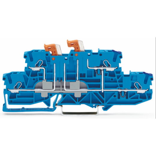WAGO Doppelstock-Doppeltrennklemme mit 2 schwenkbaren Trennmessern Erd- und Obergeschoss rechts intern gebrückt blau 2002-2959