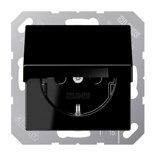 Jung SCHUKO Steckdose, 16 A 250 V ~, ohne Krallen, Klappdeckel, Thermoplast, Serie A, schwarz A1520NBFKLSW