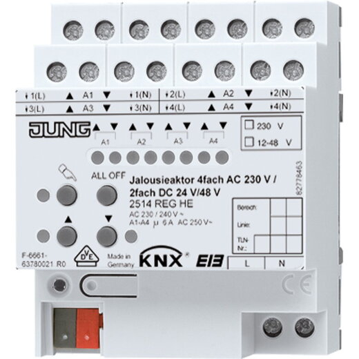 Jung KNX Jalousieaktor 4fach AC 110-230 V, 2fach DC 12-48 V, Behangkorrektur für untere Endlage 2514REGHE